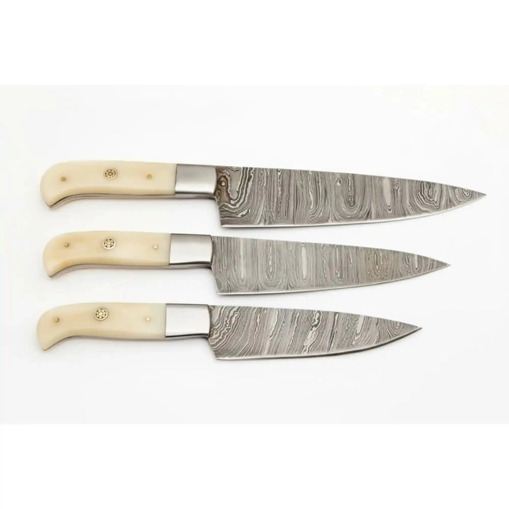 3 Piece Damascus Kitchen Knife Set with Bone Handles, Slicing Carving and Chef Knives, Handmade Damascus Steel Professional Cooking Set