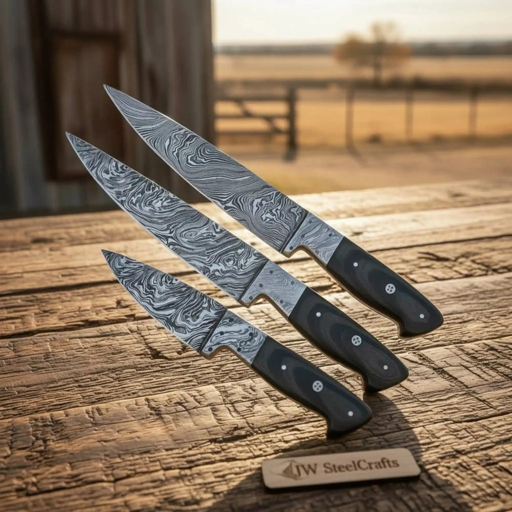 3 Piece Handmade Damascus Chef Knife Set, Professional Kitchen Chef, Santoku and Utility Knives with Black micarta Handles Cooking Knife Set JW SteelCrafts