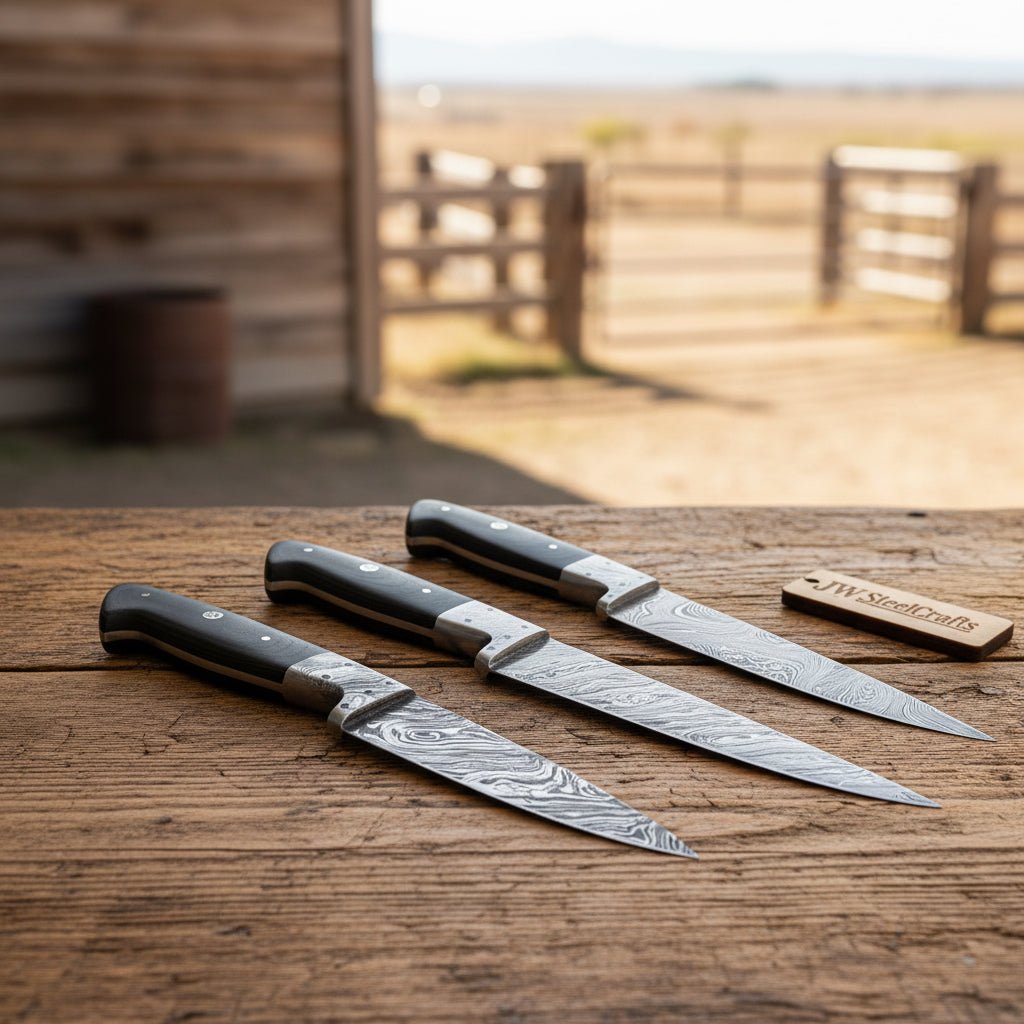 3 Piece Handmade Damascus Chef Knife Set, Professional Kitchen Chef, Santoku and Utility Knives with Black micarta Handles Cooking Knife Set JW SteelCrafts