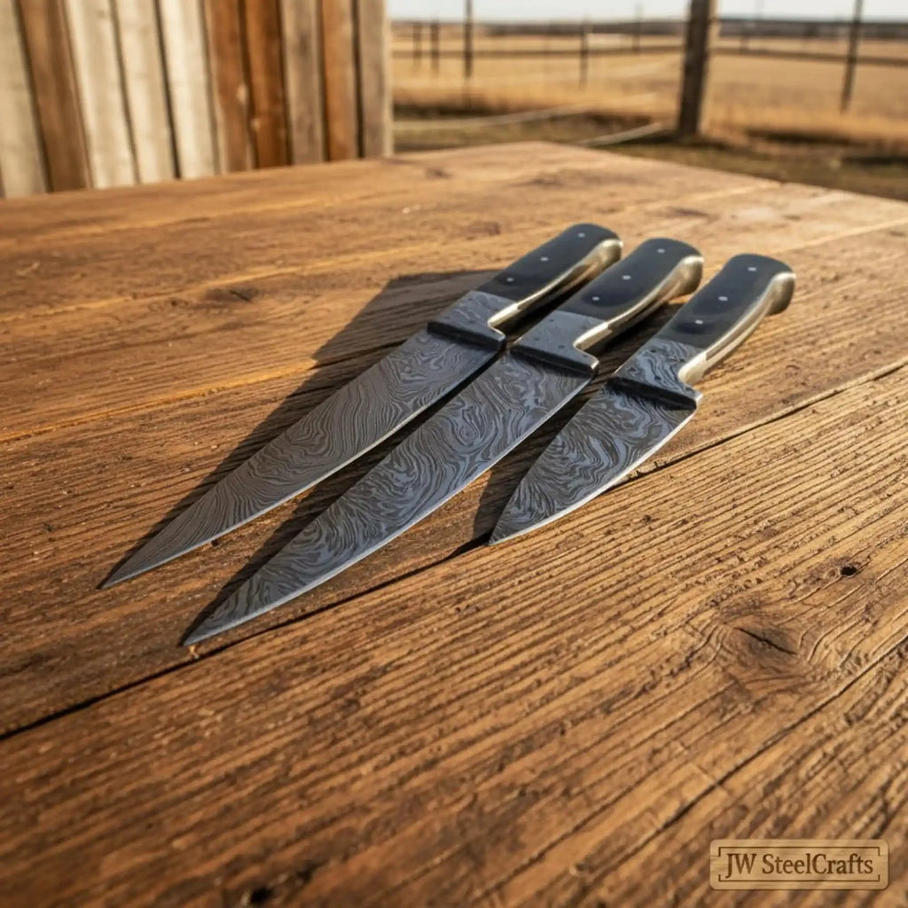 3 Piece Handmade Damascus Chef Knife Set, Professional Kitchen Chef, Santoku and Utility Knives with Black micarta Handles Cooking Knife Set JW SteelCrafts