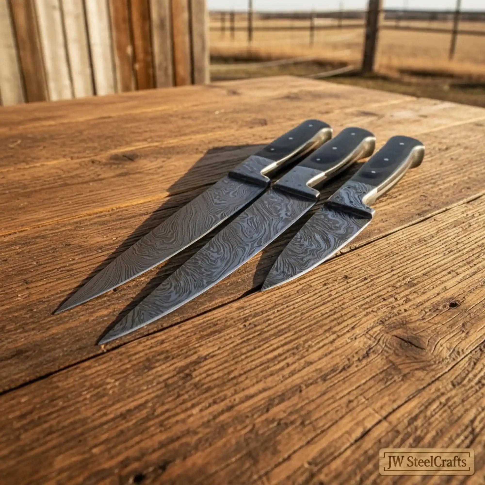 3 Piece Handmade Damascus Chef Knife Set, Professional Kitchen Chef, Santoku and Utility Knives with Black micarta Handles Cooking Knife Set JW SteelCrafts