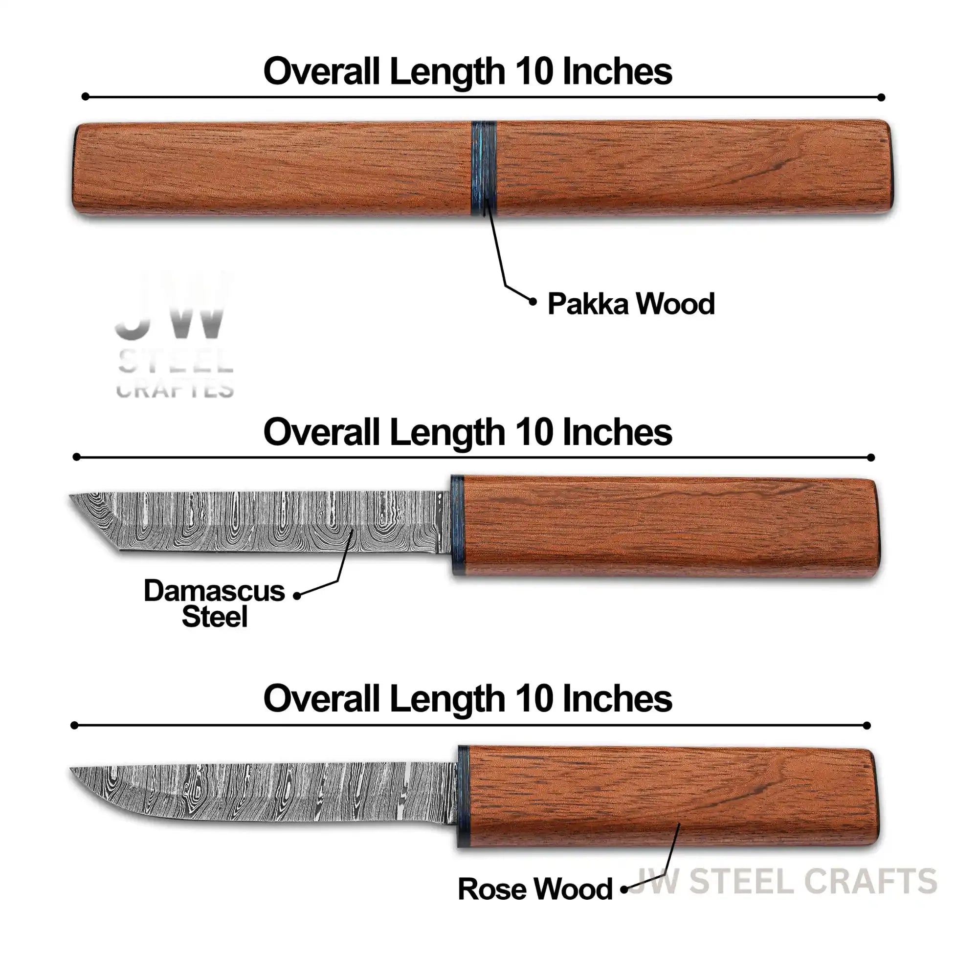 3-Piece Handmade Knife Set — 5-Inch Damascus Utility Blades with Rosewood Handles & Interlocking Scabbard