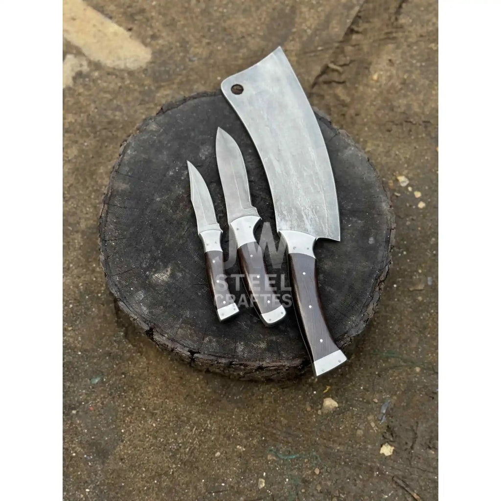 3-Piece Handmade Steel Kitchen & Outdoor Utility Knife Set – Dark Wood Handles