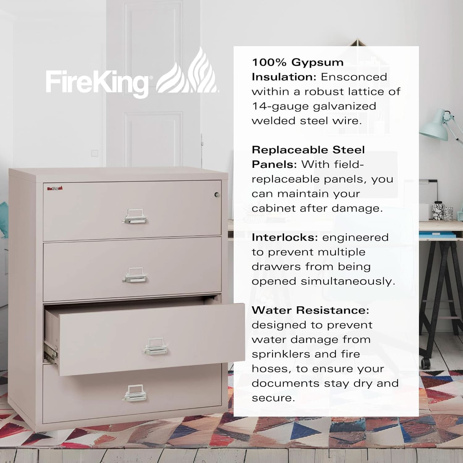 Lateral 4 Drawer Fire Safe File Cabinet With Lock 1 Hour Fire Rated Platinum