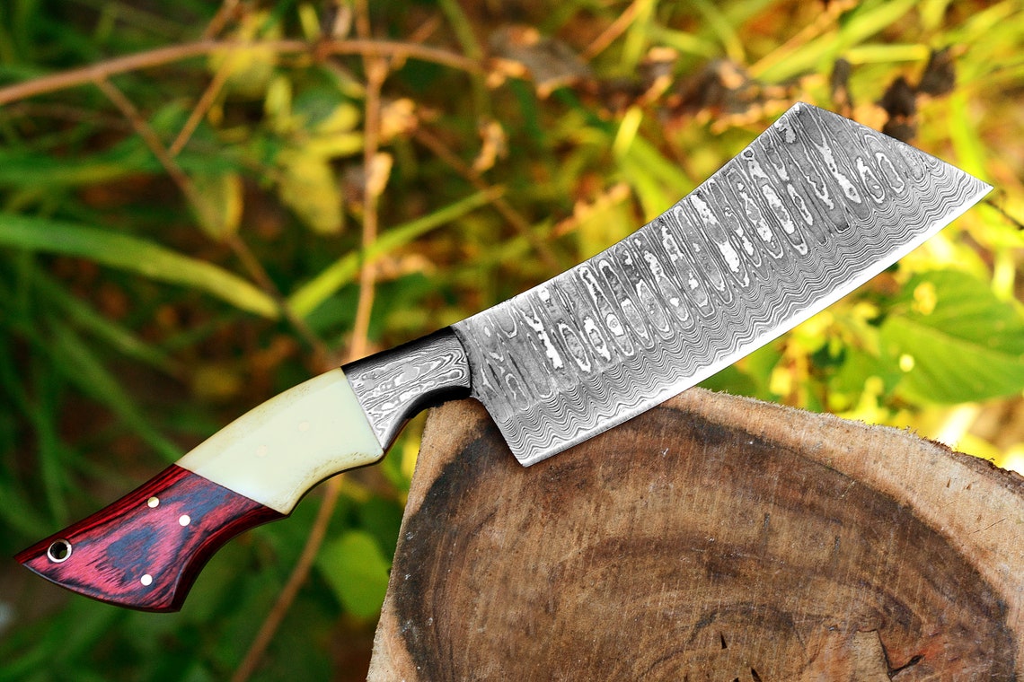 Cleaver Knife with Full Tang Damascus Steel Blade and Exotic Pakka Wood, Bone, and Damascus Bolster - 10.5 Inches