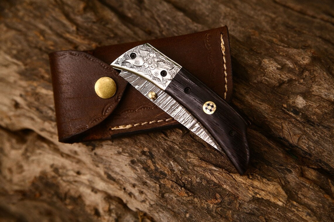 Hand Engraved Custom Damascus Steel EDC Folding Pocket Knife | 3-Inch Blade, Wenge Wood Handle, Leather Case | Anniversary Gift Idea