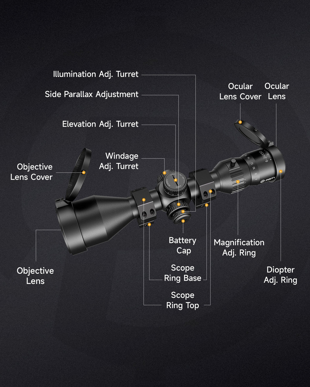 PINTY 6-24x50 FFP Tactical Hunting Scope Zero-Stop Scope Rings Red Green Reticle