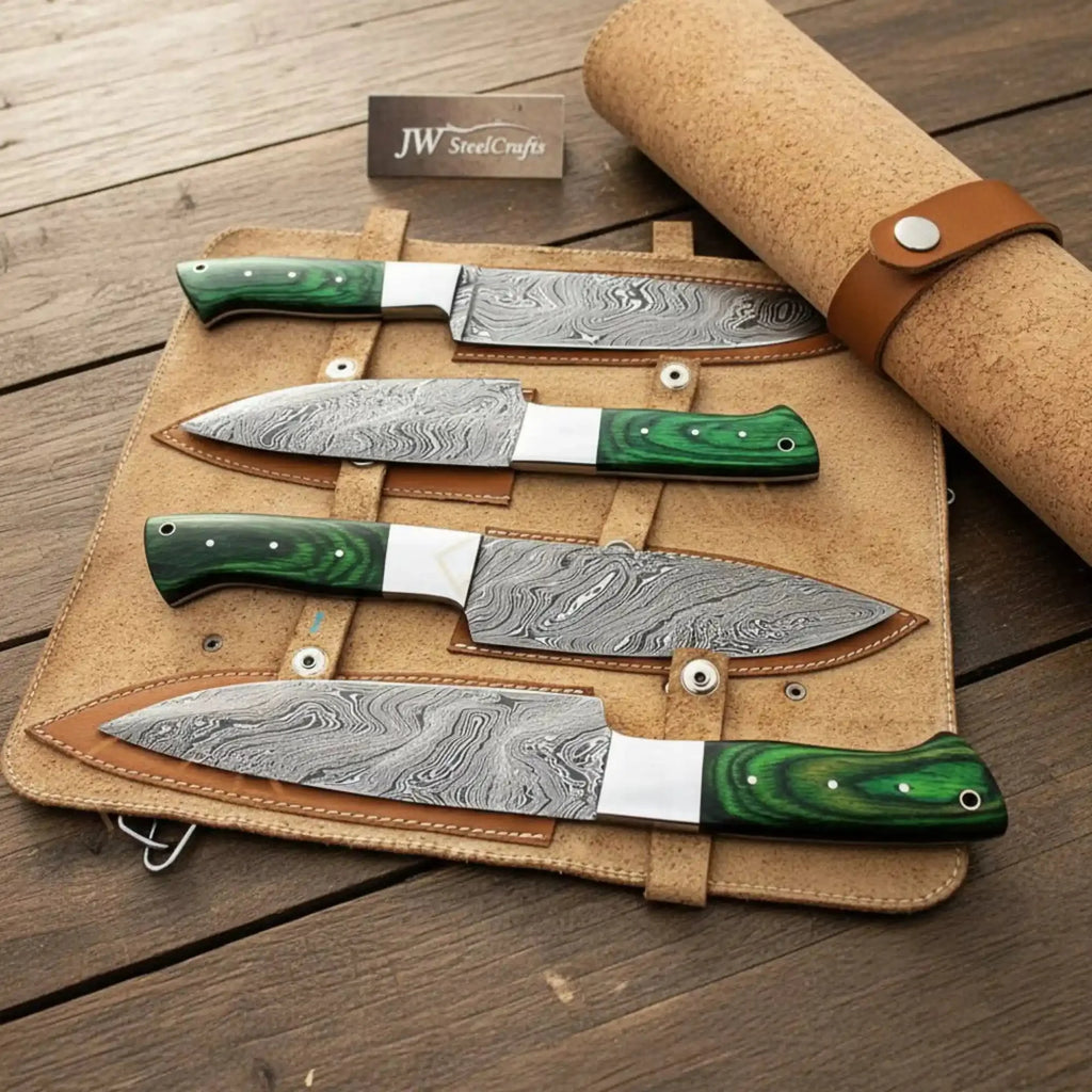 4-Piece Damascus Kitchen Knife Set, Chef Knife, Santoku Knife and Utility Knife with Green wood Handles and Leather Roll, JW SteelCrafts