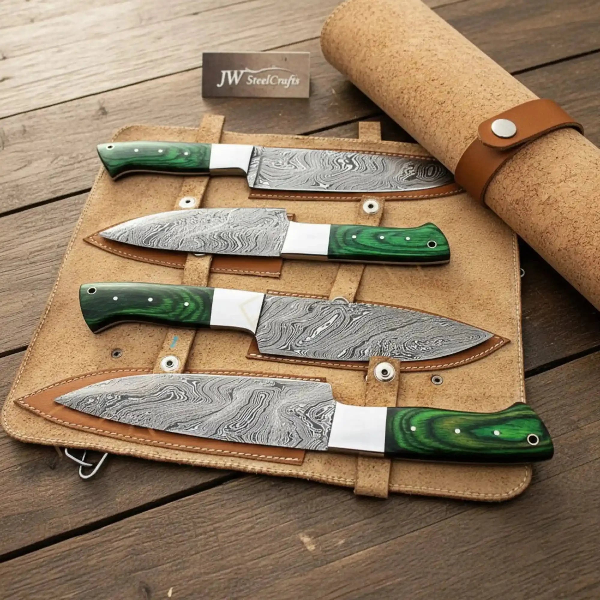 4-Piece Damascus Kitchen Knife Set, Chef Knife, Santoku Knife and Utility Knife with Green wood Handles and Leather Roll, JW SteelCrafts