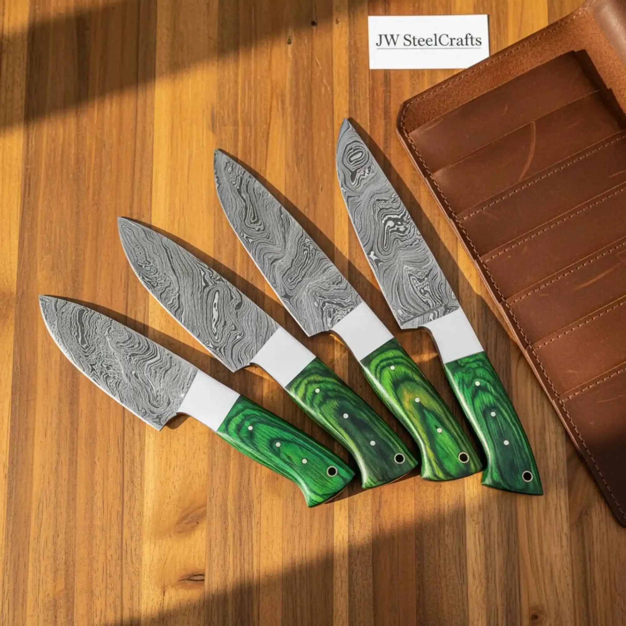 4-Piece Damascus Kitchen Knife Set, Chef Knife, Santoku Knife and Utility Knife with Green wood Handles and Leather Roll, JW SteelCrafts