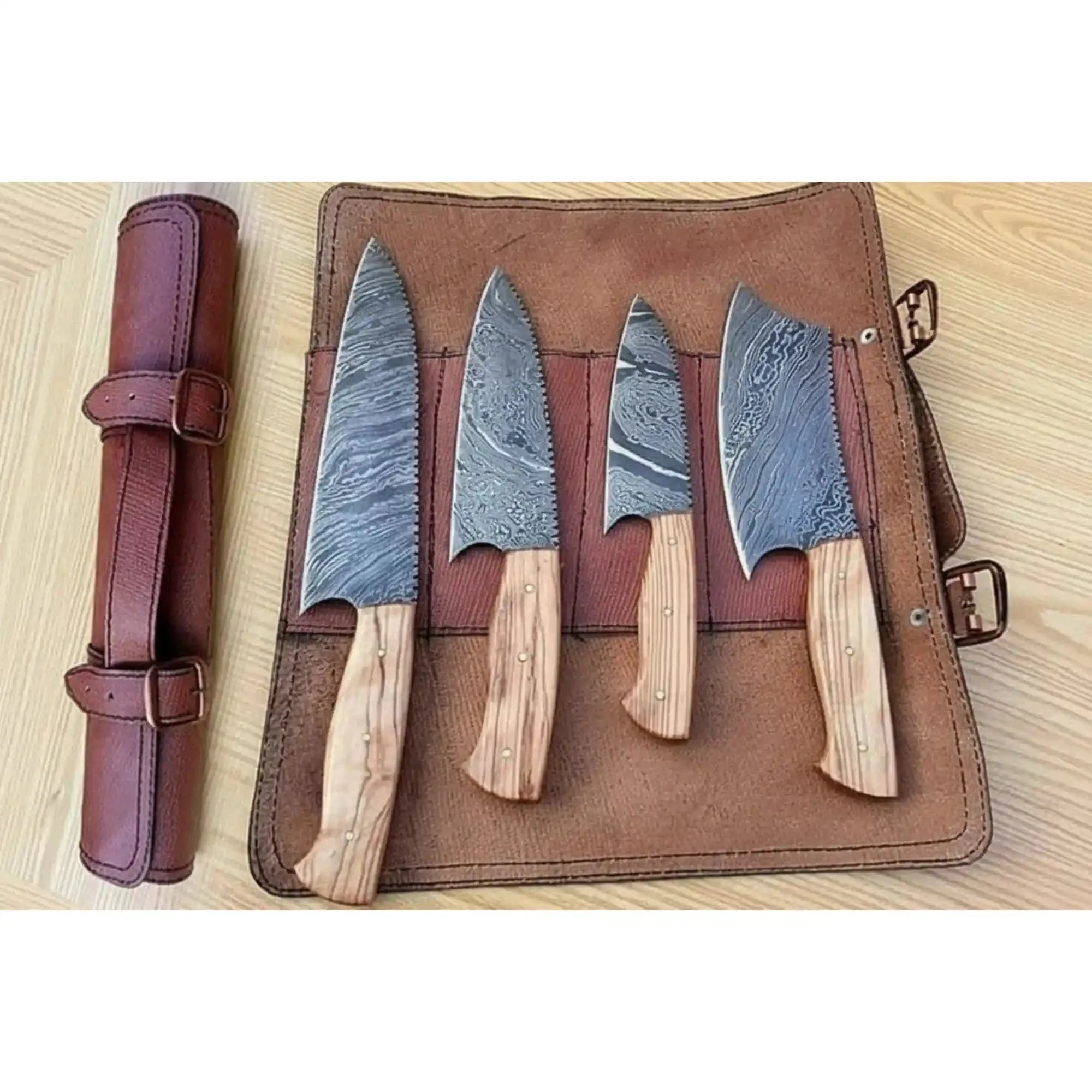 4 Piece Damascus Kitchen Knife Set with Olive Wood Handles and Leather Roll, Chef Santoku Utility and Cleaver Handmade Cooking Knives