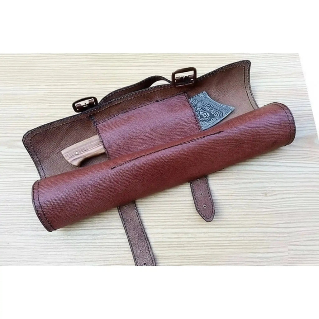 4 Piece Damascus Kitchen Knife Set with Olive Wood Handles and Leather Roll, Chef Santoku Utility and Cleaver Handmade Cooking Knives