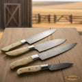 4-Piece Full Tang Damascus Bunka, Gyuto, Utility and Paring Knife Set with Bone Handles and Steel Bolsters