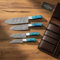 4-Piece Hand-Forged Damascus Chef Knife Set — 8” Gyuto, 6” Utility, 5” Petty & 4” Paring — Blue Resin Handles