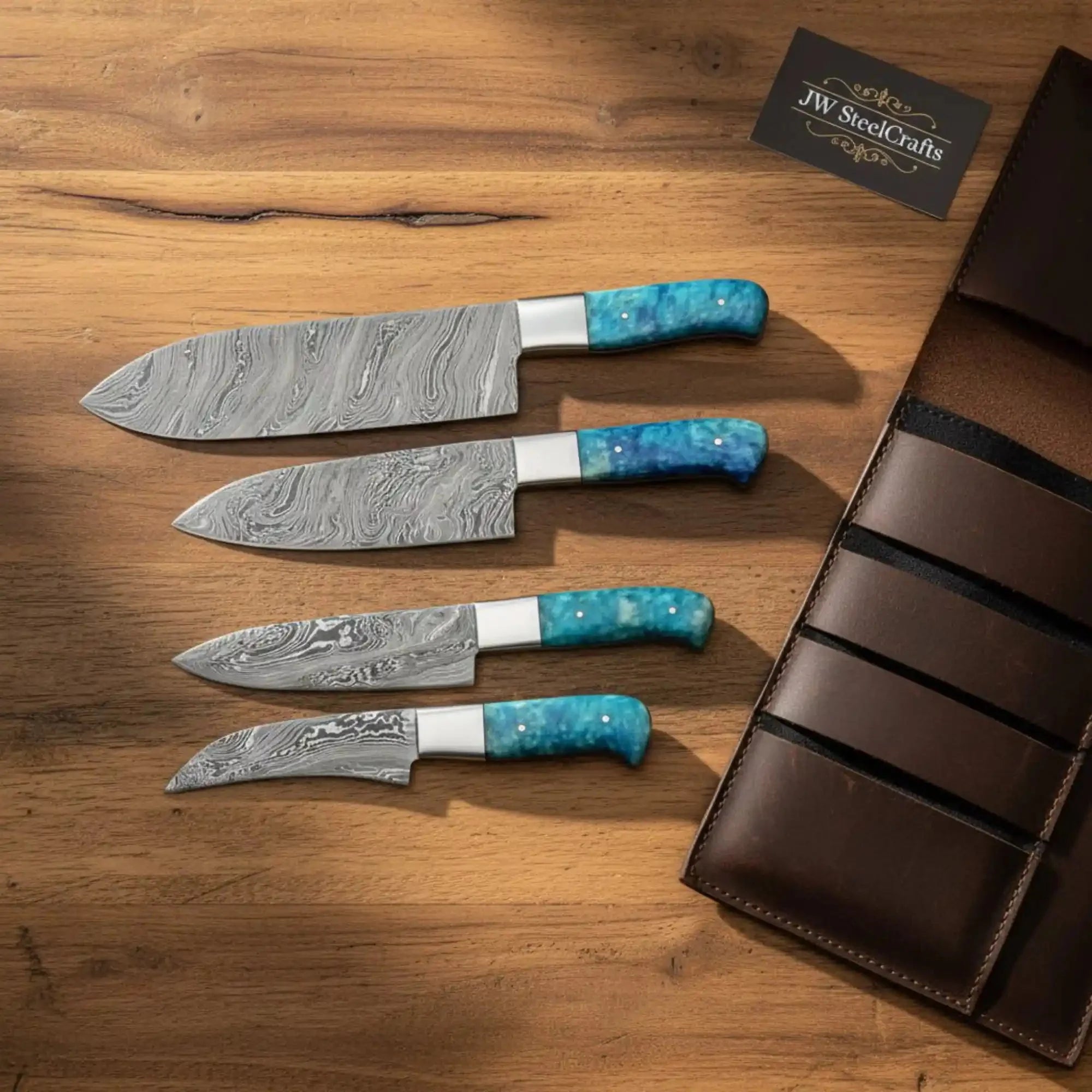 4-Piece Hand-Forged Damascus Chef Knife Set — 8” Gyuto, 6” Utility, 5” Petty & 4” Paring — Blue Resin Handles