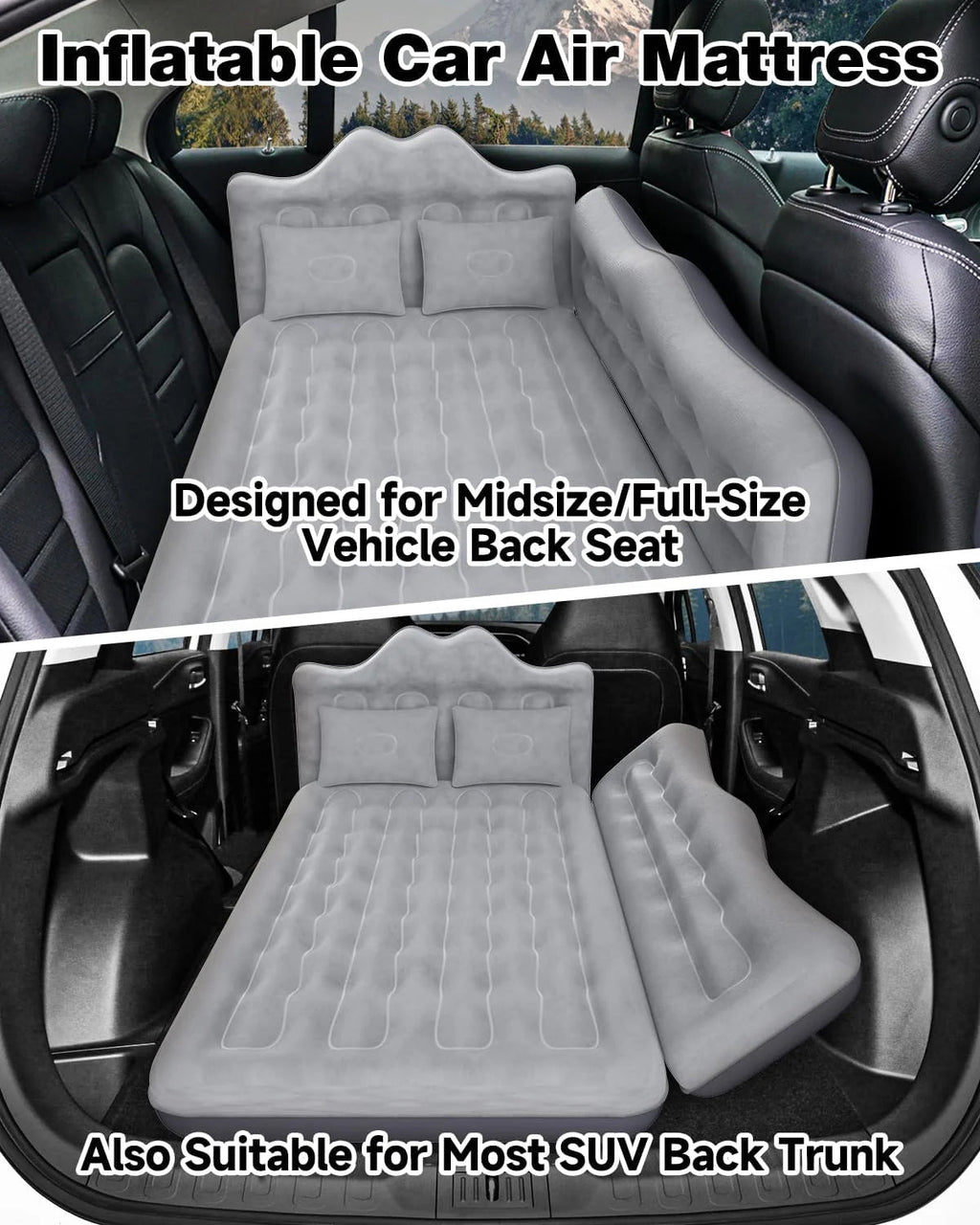Umbrauto 29.53in/75cm Wide Car Air Mattress – Inflatable SUV, Truck & Van Back Seat Camping Bed with Pump & Pillows, Gray