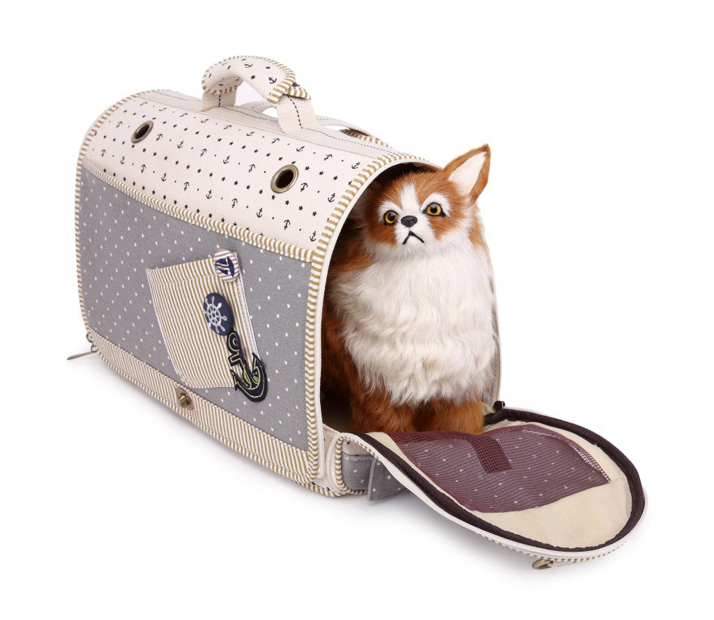 Pet Carrier Bag & Backpack – Nautical Style, Breathable Linen