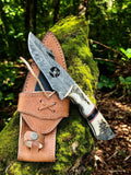 Handmade Deer Guthook Knife – 5" Feather Damascus & Antler Handle