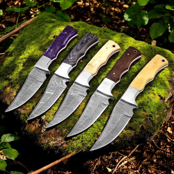 Custom Damascus Steel Skinning Knife with Bone & Wood Handle – 8 Inch Field Dressing Blade