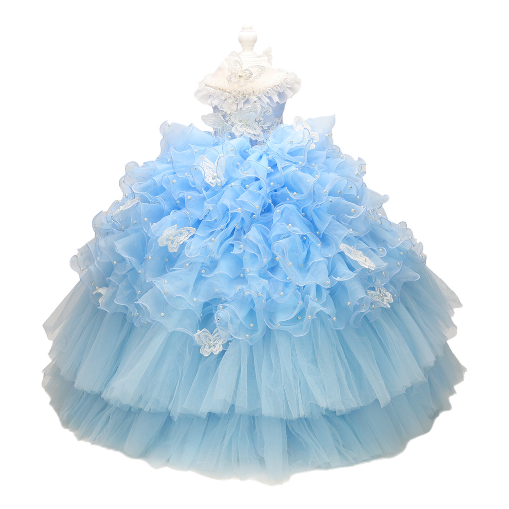 Handmade Luxury Pet Gown Trailing Dress Blue Chiffon Dog Gown Dog Dress