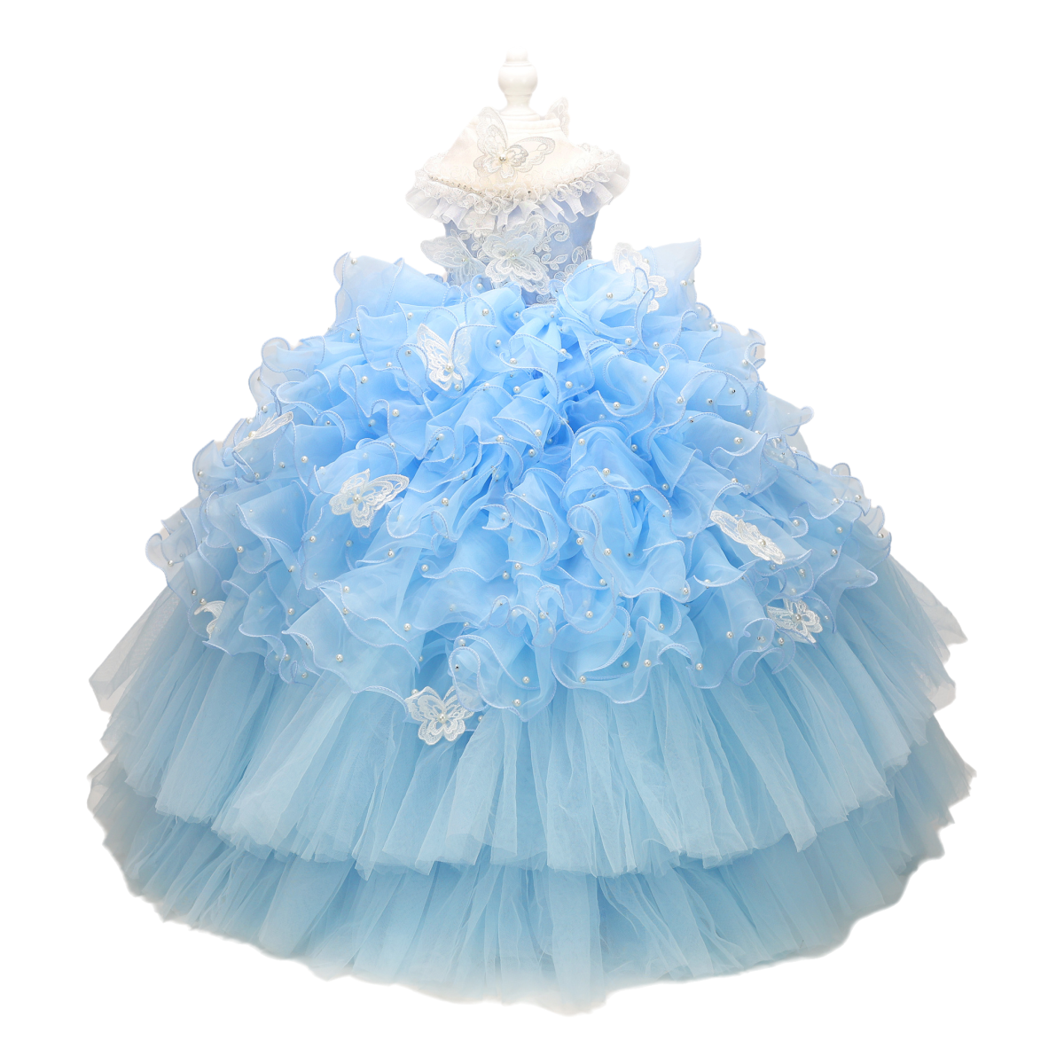 Handmade Luxury Pet Gown Trailing Dress Blue Chiffon Dog Gown Dog Dress