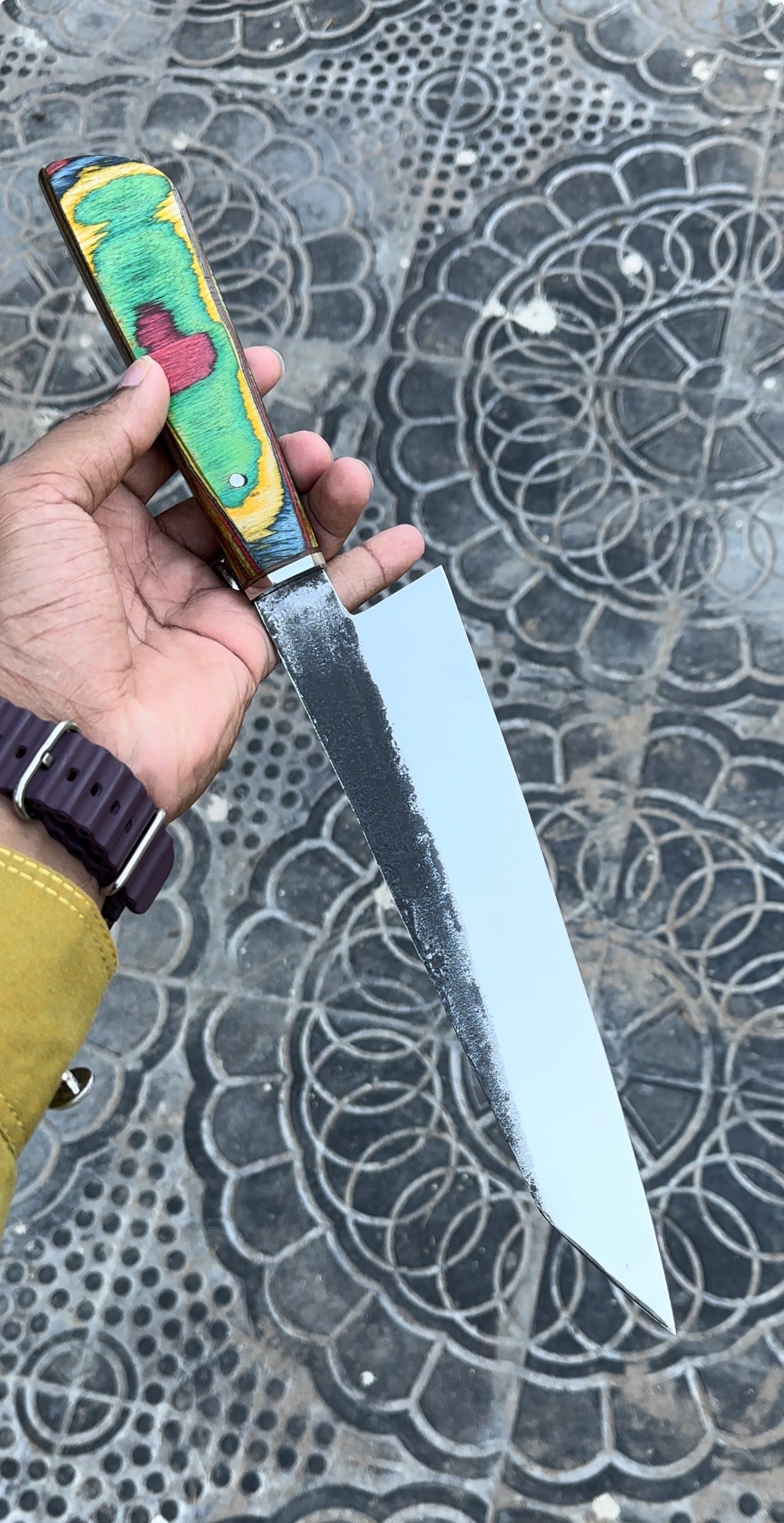 Custom Handmade D2 Steel Chef Knife - Pakka Wood Handle with Cone Leather Sheath