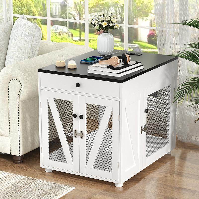 Furniture-Style Wooden Dog Crate End Table with USB Charging, Storage Drawer & Double Latch – For Medium Dogs up to 40 lbs