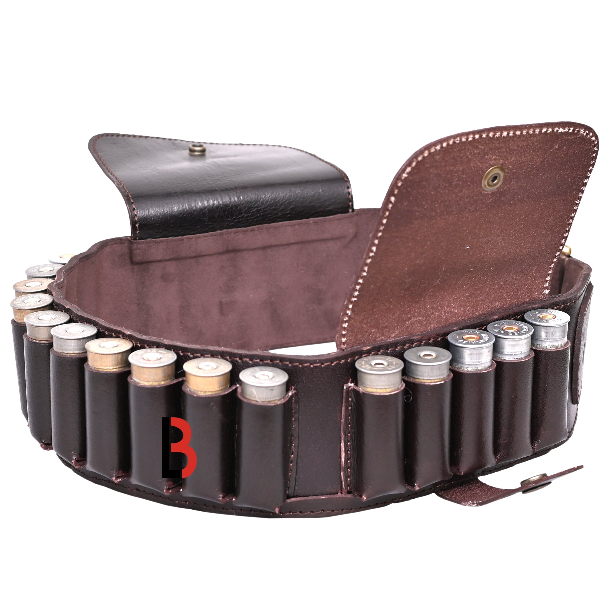 Cowhide Leather Shotshell Bandolier Belt Shotgun Shell Belt Ammunition Carrier. Two flaps