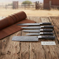 5-Piece Damascus Kitchen Knife Set, Bread Knife, Carving Knife, Boning Knife, Utility Knife and Nakiri Vegetable Knife with Leather Roll and Black Resin Handles, JW SteelCrafts