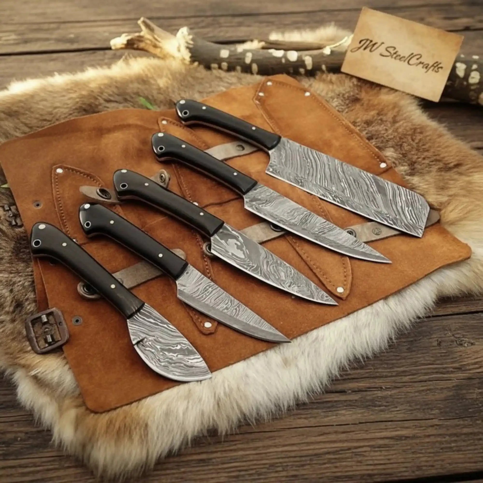 5-Piece Damascus Kitchen Knife Set — Chef, Cleaver, Santoku, Utility & Paring Blades with Black Pakka Wood Handles and Leather Roll