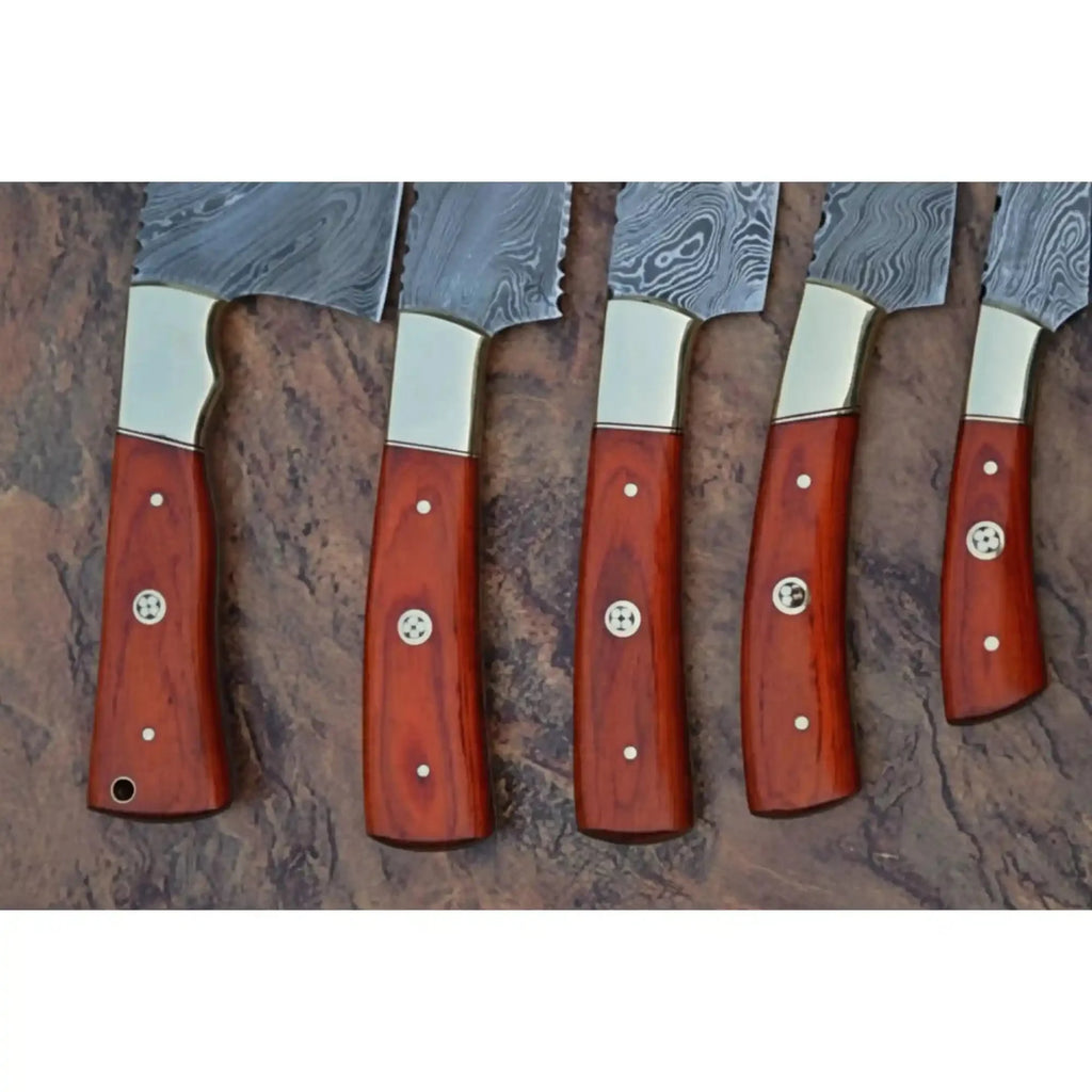5 Piece Damascus Kitchen Knife Set with Rosewood Handles, Cleaver Bread Chef Utility and Paring Knives, Handmade Professional Cooking Set