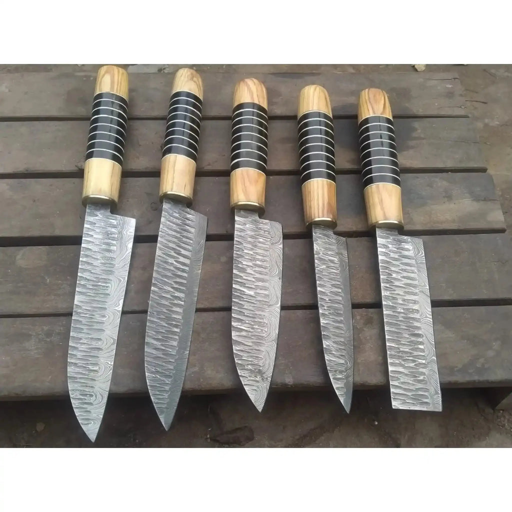 5-Piece Handmade Chef Knife Set — Pattern-Welded Damascus Blades with Olive Wood & Black Resin Handles (Full Tang) — JW SteelCrafts