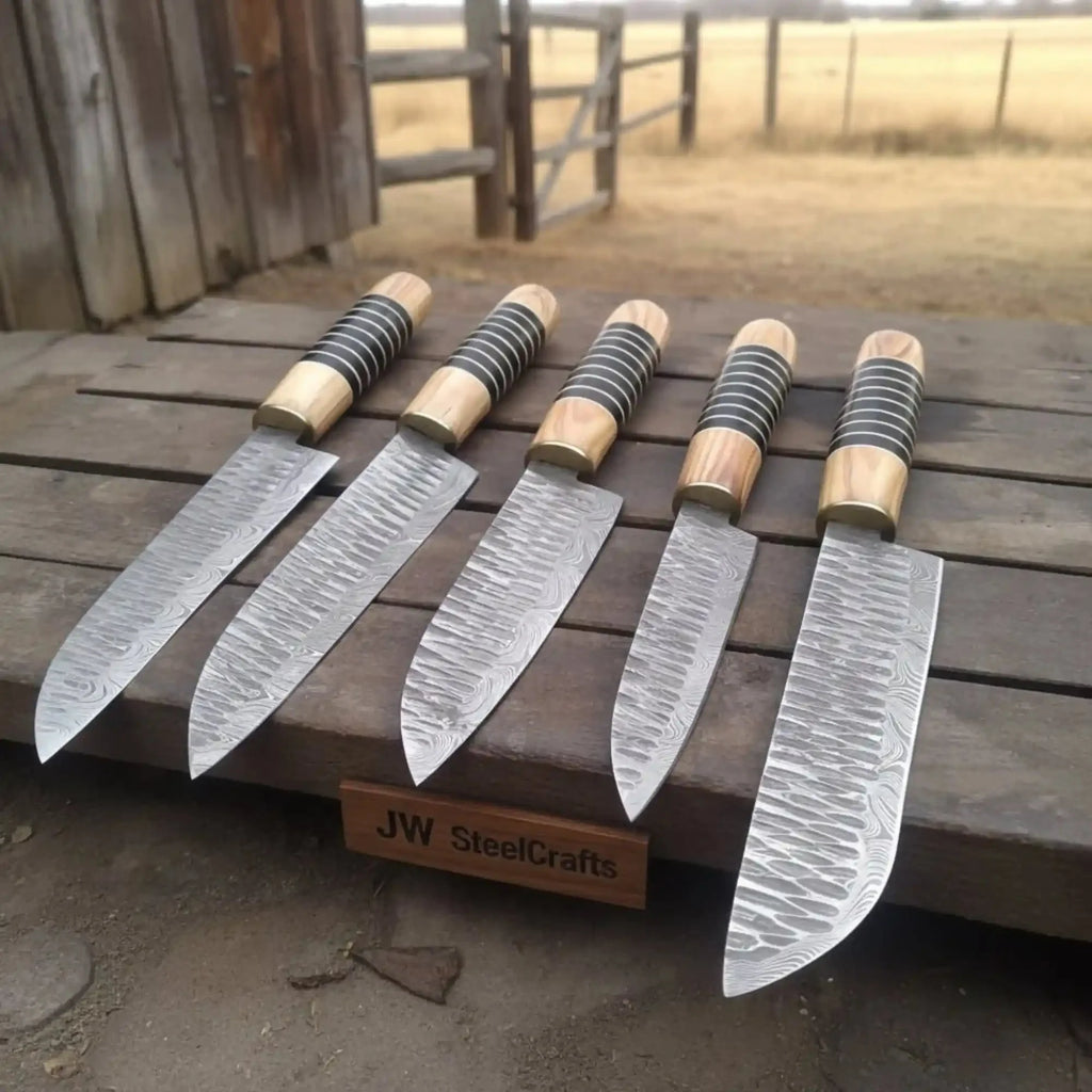 5-Piece Handmade Chef Knife Set — Pattern-Welded Damascus Blades with Olive Wood & Black Resin Handles (Full Tang) — JW SteelCrafts