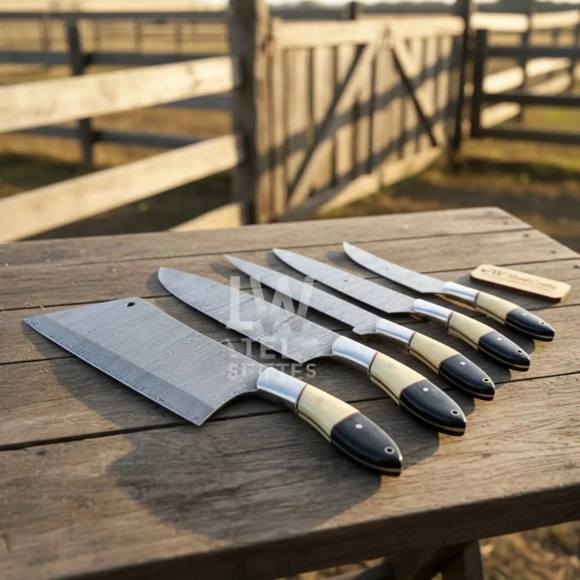5-Piece Handmade Kitchen Knife Set — Damascus Steel Blades with Natural Wood & Black Resin Handles (Professional Prep Set)