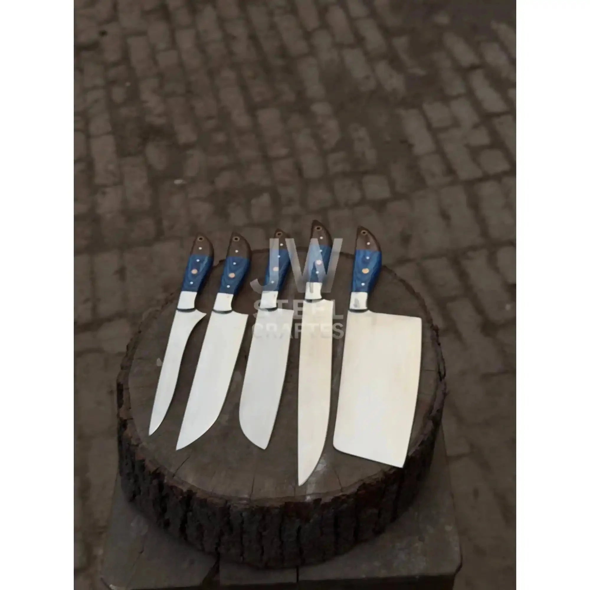 5-Piece Handmade Kitchen Knife Set — Polished Stainless Blades with Blue Pakka Wood Handles (Chef + Cleaver Prep Set)