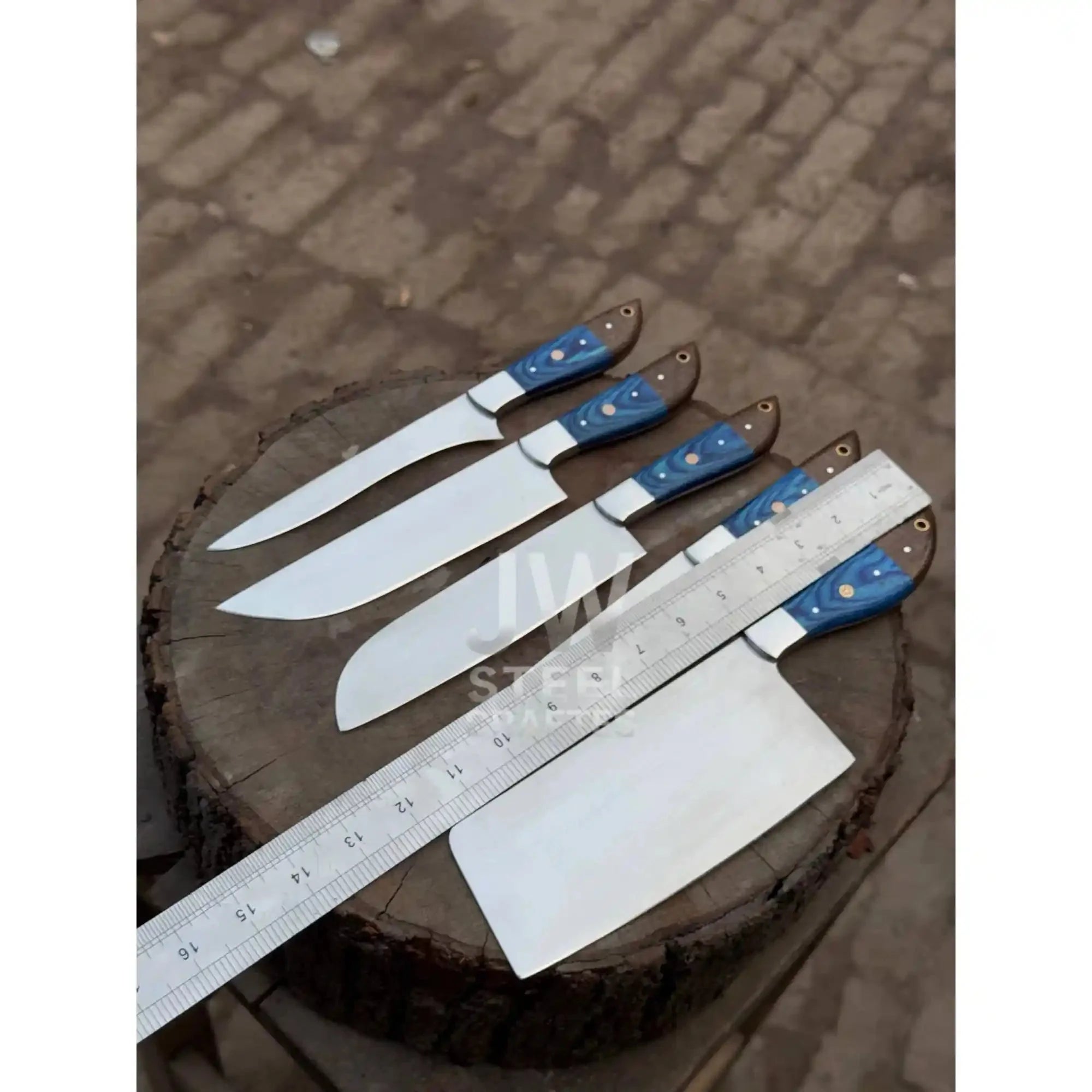 5-Piece Handmade Kitchen Knife Set — Polished Stainless Blades with Blue Pakka Wood Handles (Chef + Cleaver Prep Set)