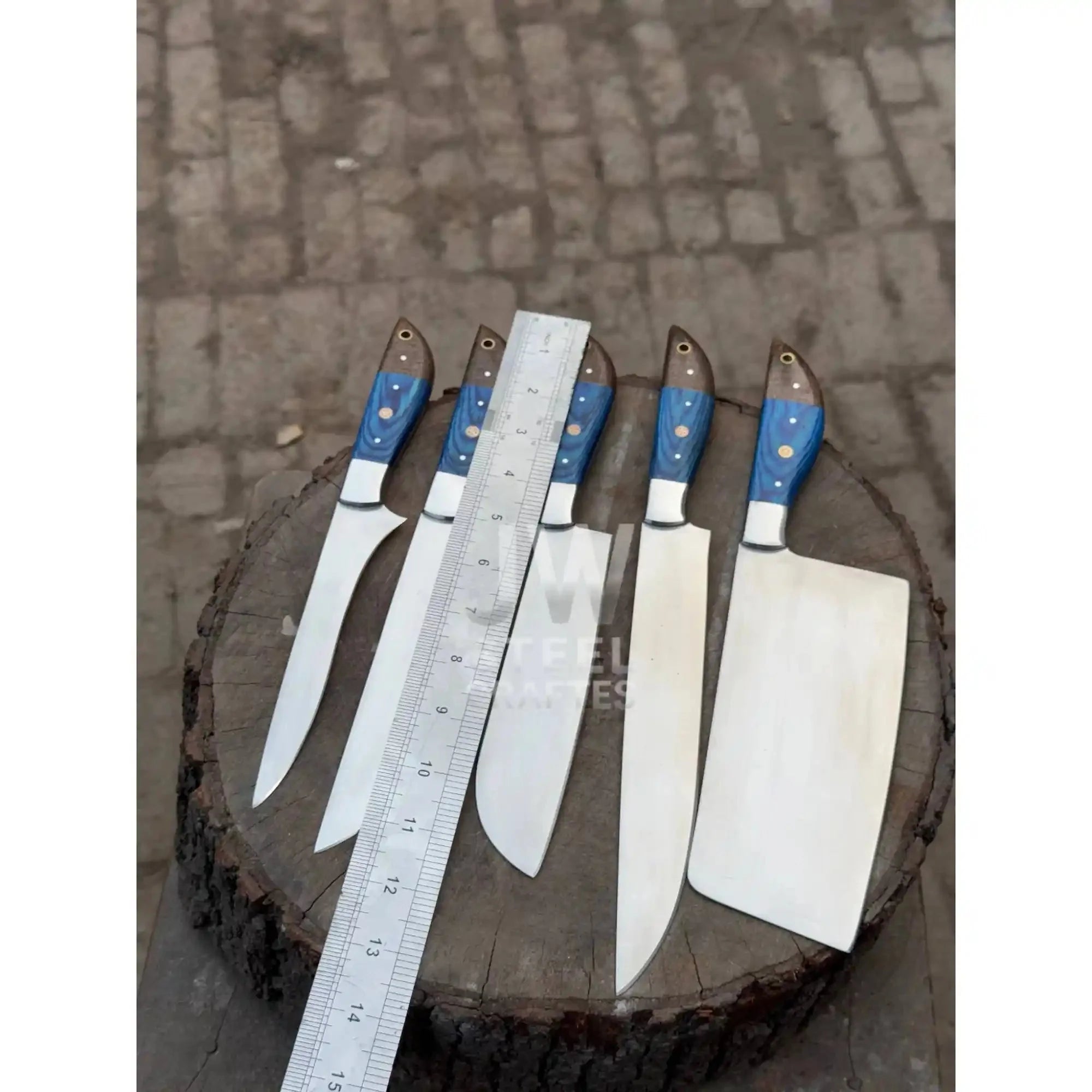 5-Piece Handmade Kitchen Knife Set — Polished Stainless Blades with Blue Pakka Wood Handles (Chef + Cleaver Prep Set)