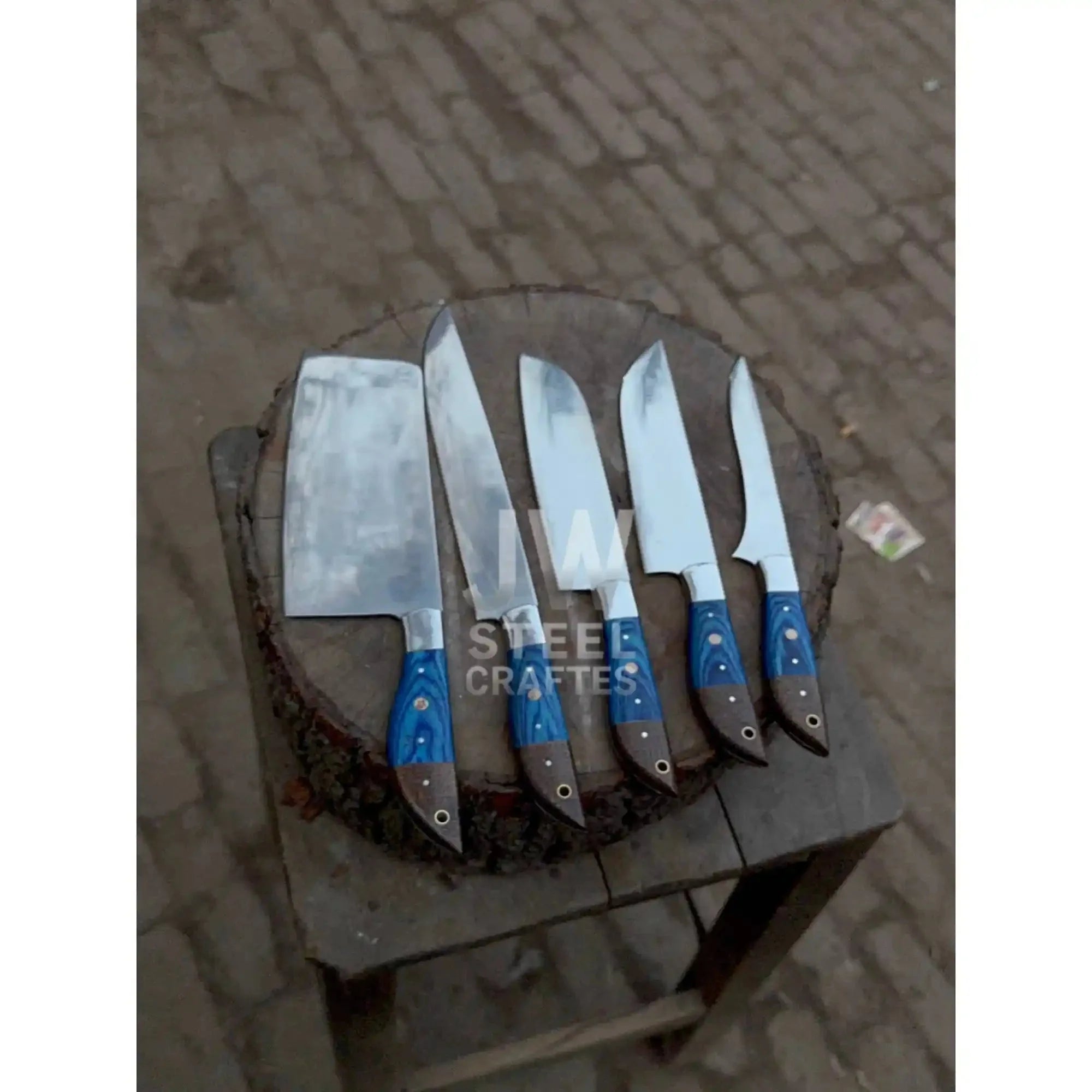 5-Piece Handmade Kitchen Knife Set — Polished Stainless Blades with Blue Pakka Wood Handles (Chef + Cleaver Prep Set)