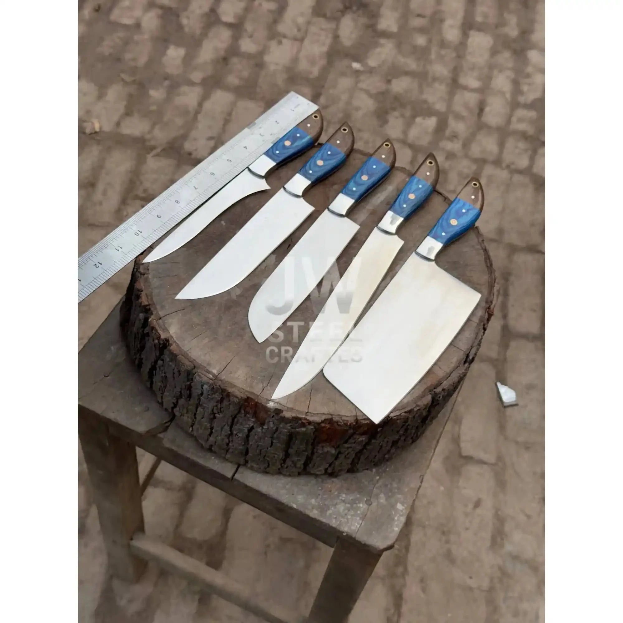 5-Piece Handmade Kitchen Knife Set — Polished Stainless Blades with Blue Pakka Wood Handles (Chef + Cleaver Prep Set)