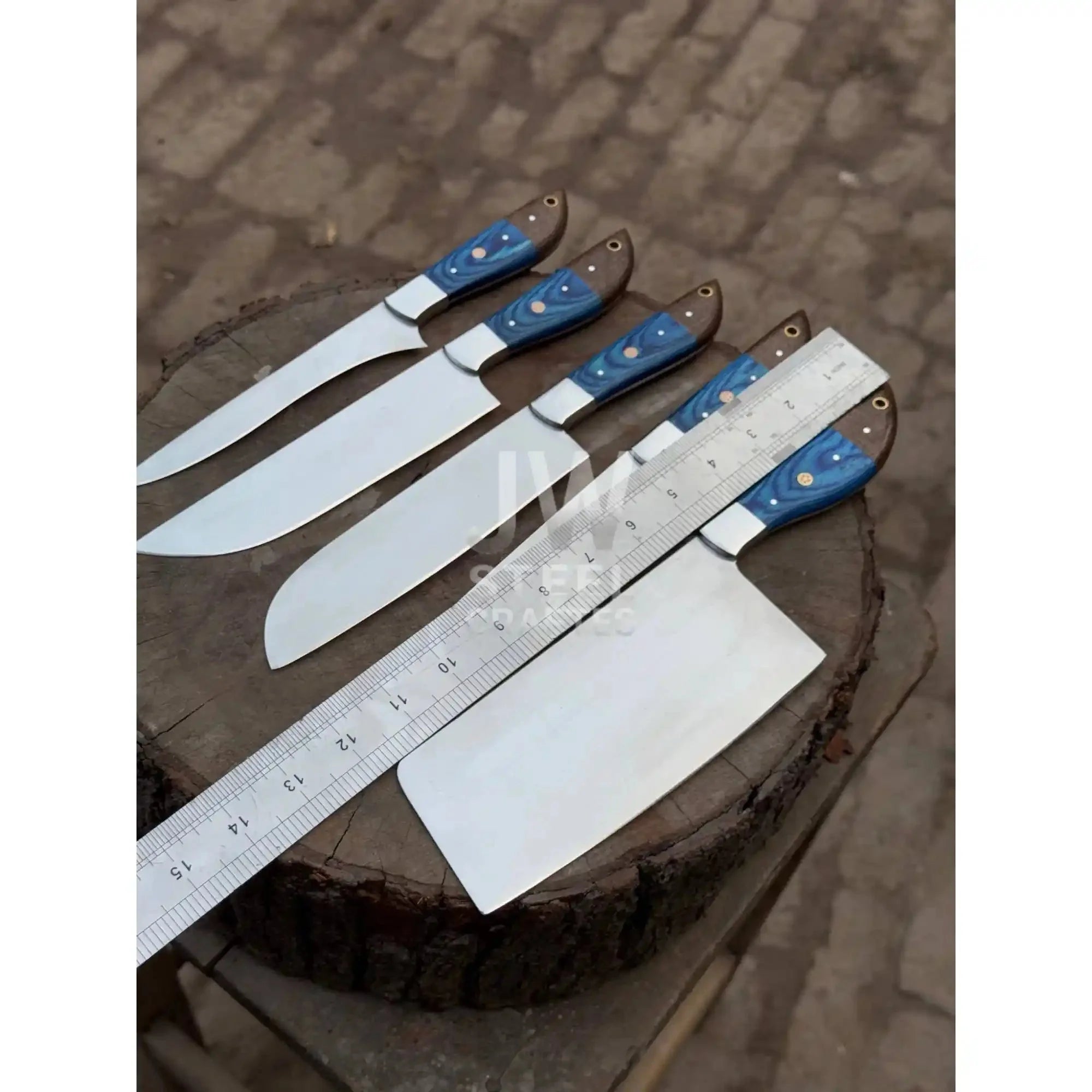 5-Piece Handmade Kitchen Knife Set — Polished Stainless Blades with Blue Pakka Wood Handles (Chef + Cleaver Prep Set)