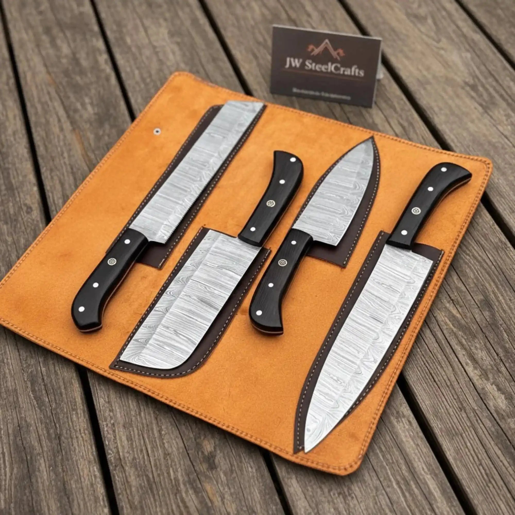 5-Piece Stainless Steel Chef Knife Set with Leather Roll | Ebony Wood Handle Knives