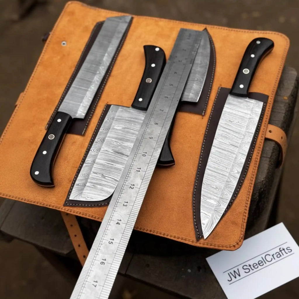 5-Piece Stainless Steel Chef Knife Set with Leather Roll | Ebony Wood Handle Knives