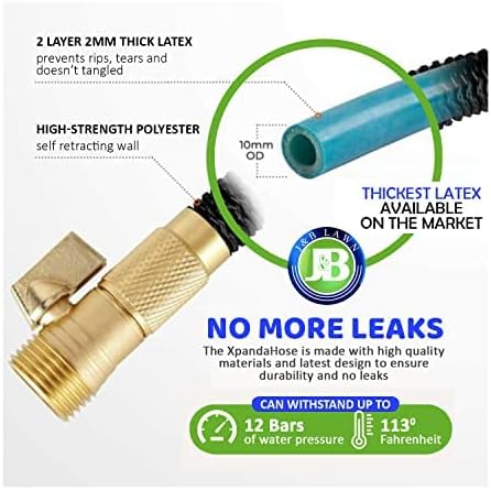 J&B XpandaHose 150ft Expandable Garden Hose with Holder - Heavy Duty Superior Strength 3750D - 4 -Layer Latex Core - Extra Strong Brass Connectors and 10 Spray Nozzle w/Storage Bag (Black 150)