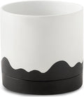 Nihow Ceramic Plant Pot: 8 Inch Planter with Drainage Hole & Saucer for Indoor & Outdoor Plants - Cylinder Round Flower Pot for Succulent/Herbs/Violets - White & Wave Black