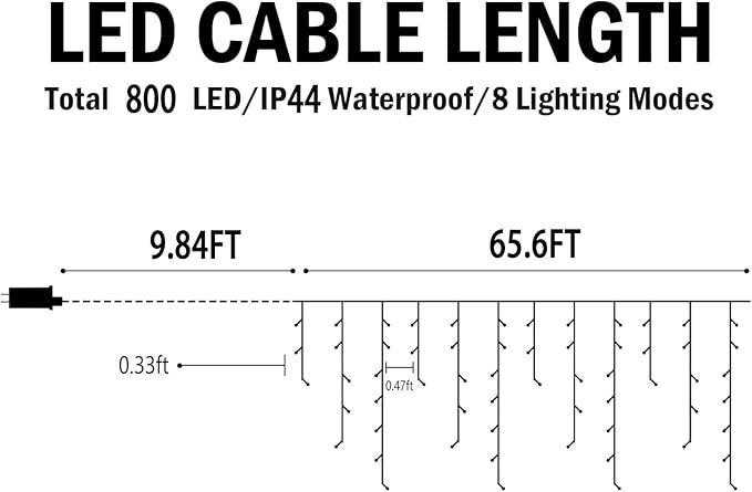 Hezbjiti Christmas Lights Decorations Outdoor, 800 LED 65.6 FT 8 Modes 150 Drops Fairy String Curtain Lights for Christmas Decor Eaves Window Party Yard Garden Indoor (Cold White)