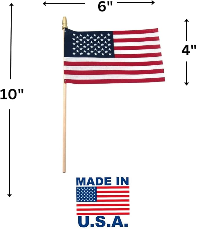 American Flags on Stick - Handheld Spearhead US Flag for 4th of July, Memorial Day Event Decorations - Patriotic Decor for Indoors & Yard - Wooden Stick, Cotton Fabric (4"X6" - 25 Pack)