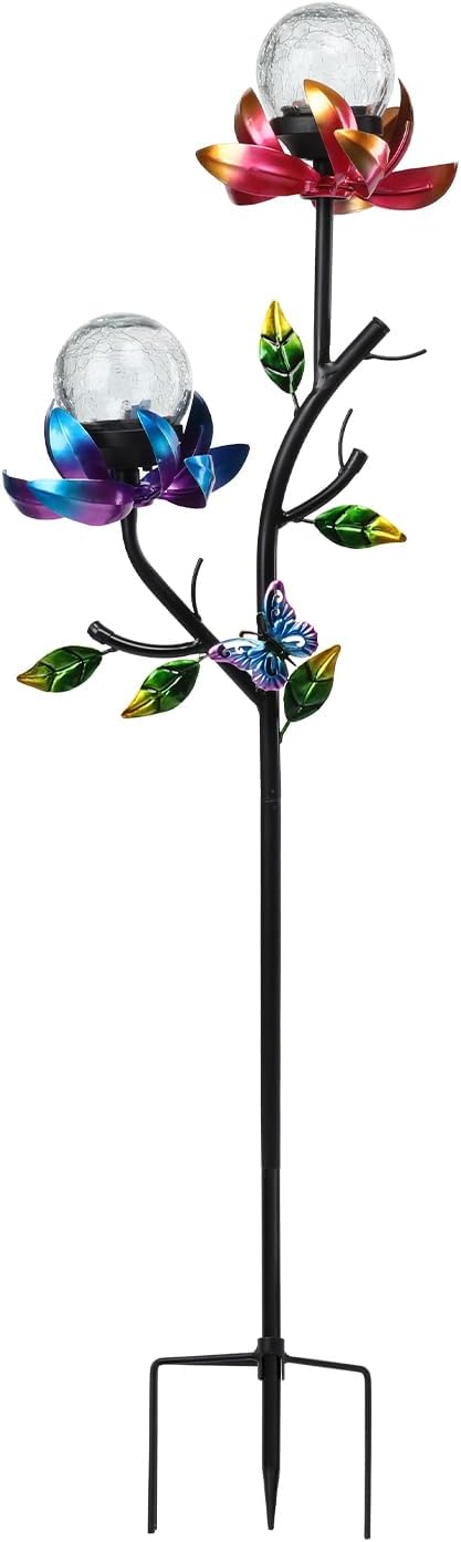 VCUTEKA Solar Garden Light Solar Flowers Light with LED Crackle Glass Globe Solar Lights Outdoor Metal Garden Stake Wind Spinner for Garden Decoration, Patio Decor, Yard Decor and Gift for Mother