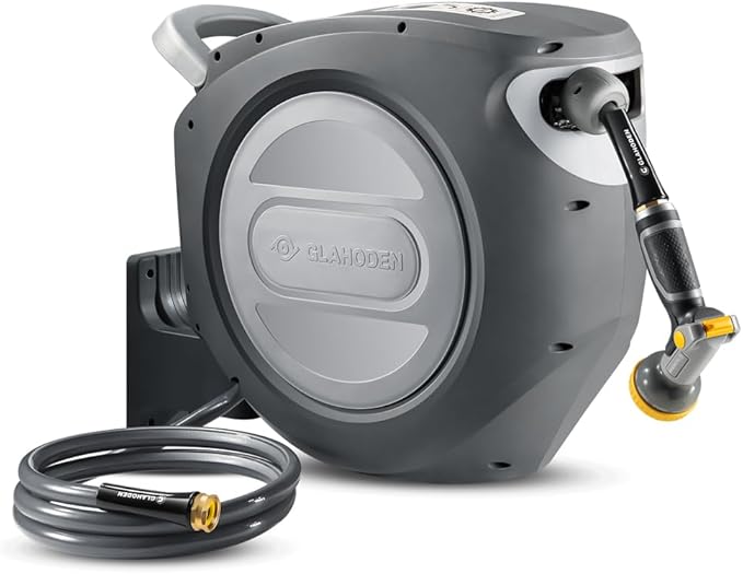 Retractable Garden Hose Reel 1/2 in x 130 ft Upgraded UV Resistant Heavy Duty Automatic Hose Reel Wall Mount 3/4 in Brass Fitting 9 Pattern Nozzle Any Length Lock Slow Retraction