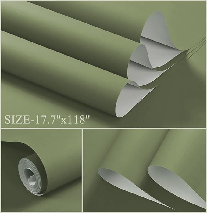 Dimoon 236''x17.7'' Green Peel and Stick Wallpaper Contact Paper Modern Self Adhesive Wall Paper Removable Renter Friendly Textured Solid Color Shelf Cabinet Vinyl Roll (236''x17.7'',Olive Green)