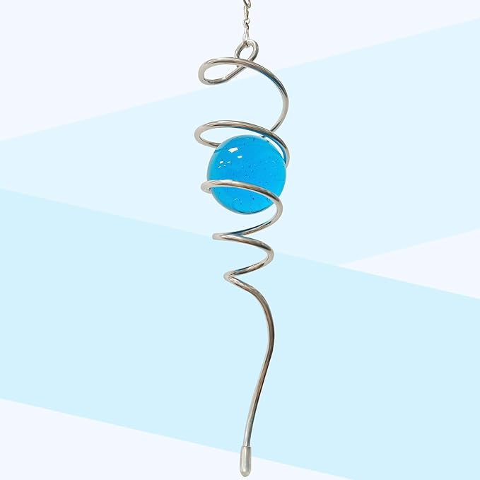 Gazing Ball Spiral Tail Wind Spinner,Decorative Wind Spinner 11inch Tail and 2 inch Glass Orb. Indoor Outdoor Wind Spinner Tail Sun Catcher Garden Decoration-13 inch Height(Blue)